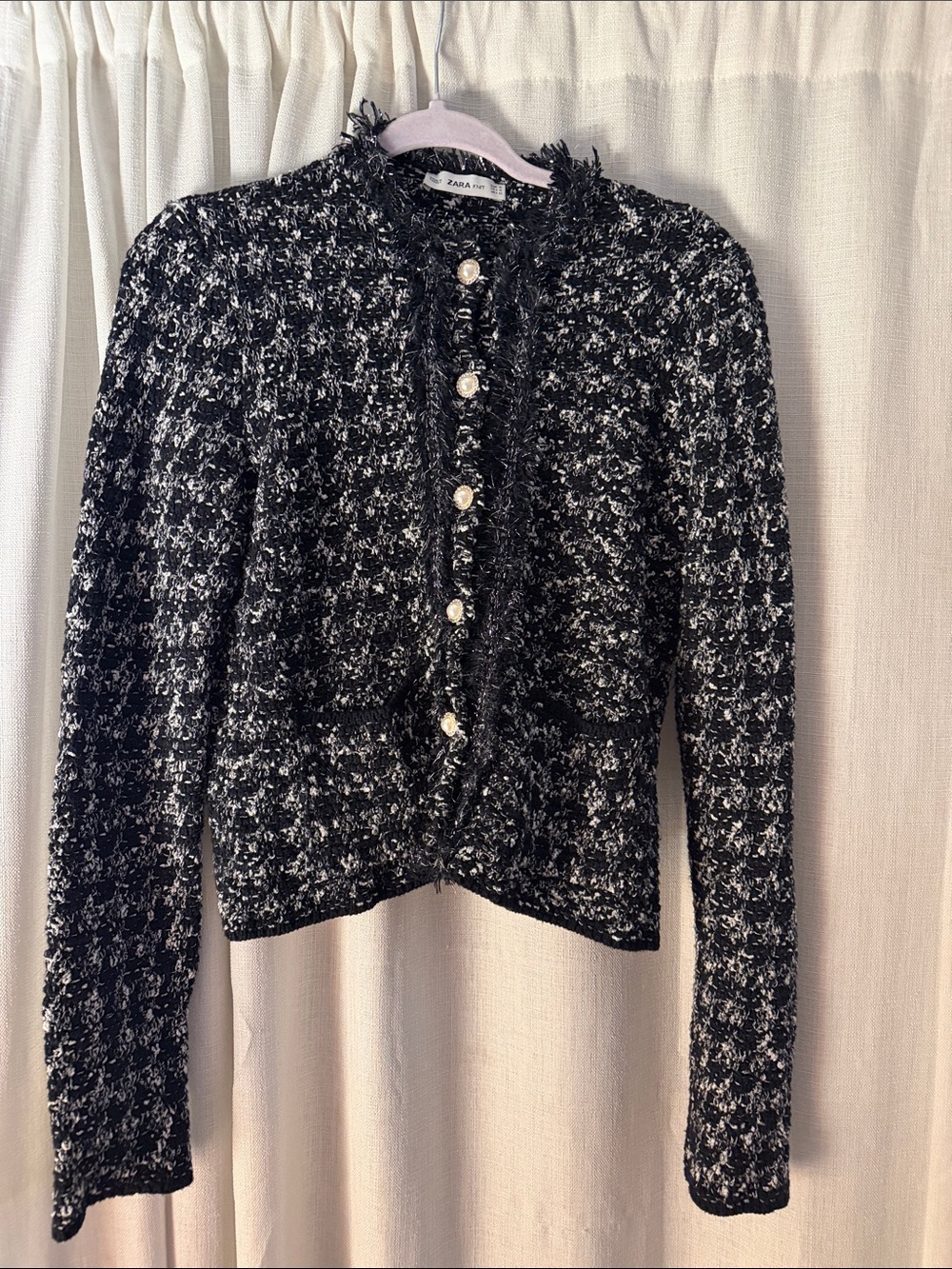 ZARA Black & White Tweed Pearl-Button Cardigan